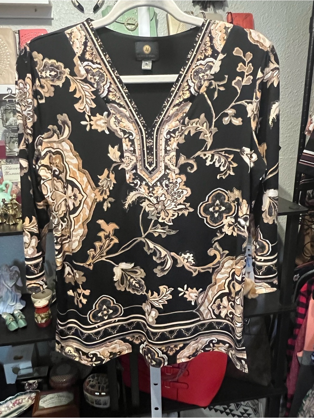JM Collection Black Studded V-Neck Floral Paisley Top